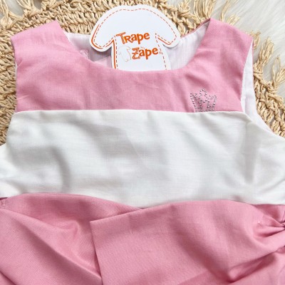 Vestido Tricoline Rosa e Off White com Laços